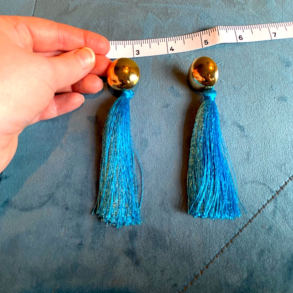 Gold button blue tassel earrings